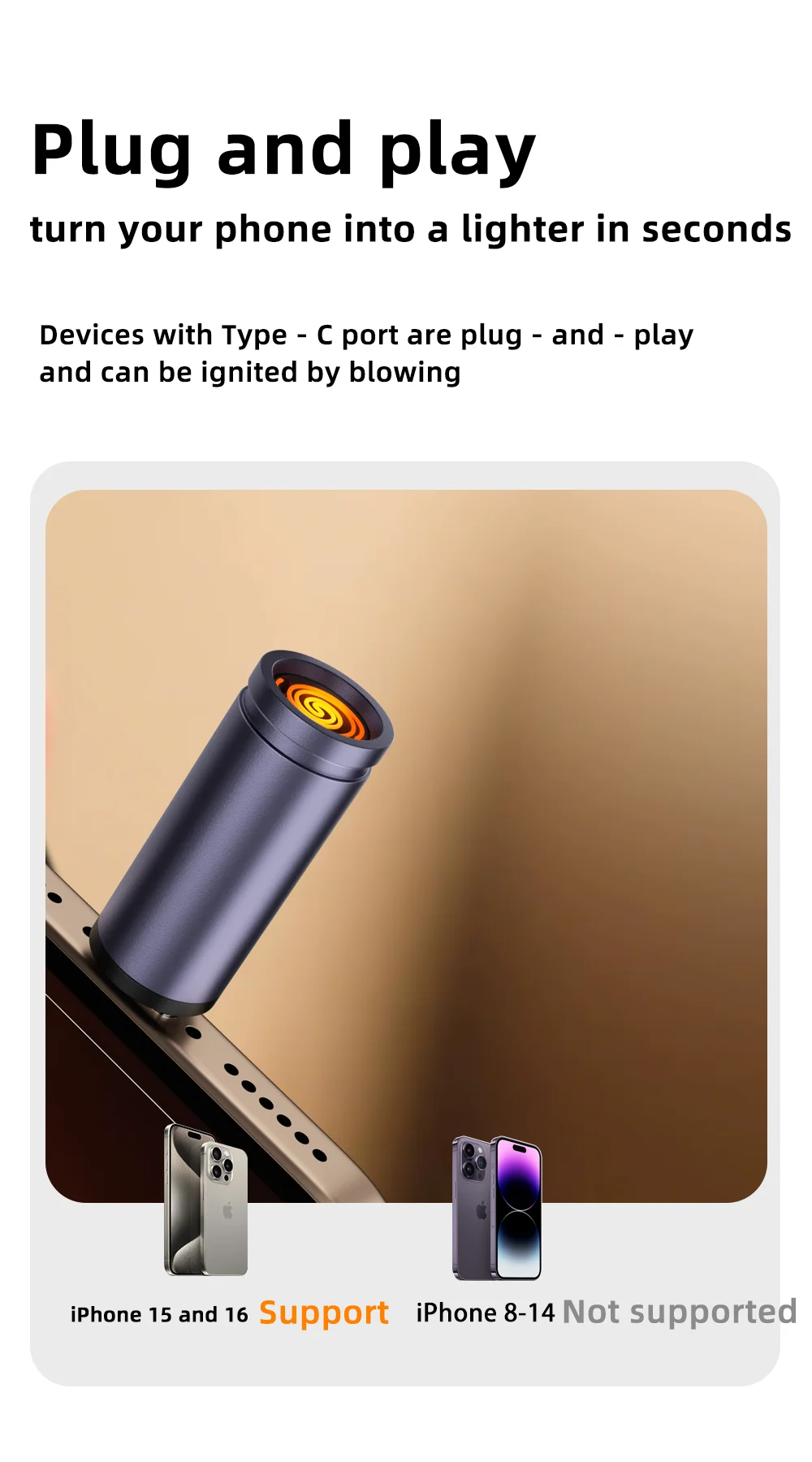 Electric Lighter -Type C , Flameless Windproof, Men's Gift